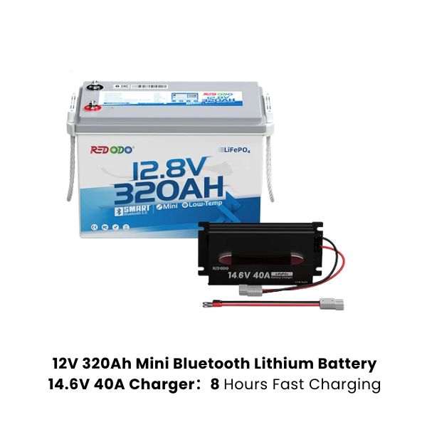 Redodo 12.8V 320Ah lithium battery with 12V 40A Battery Charger