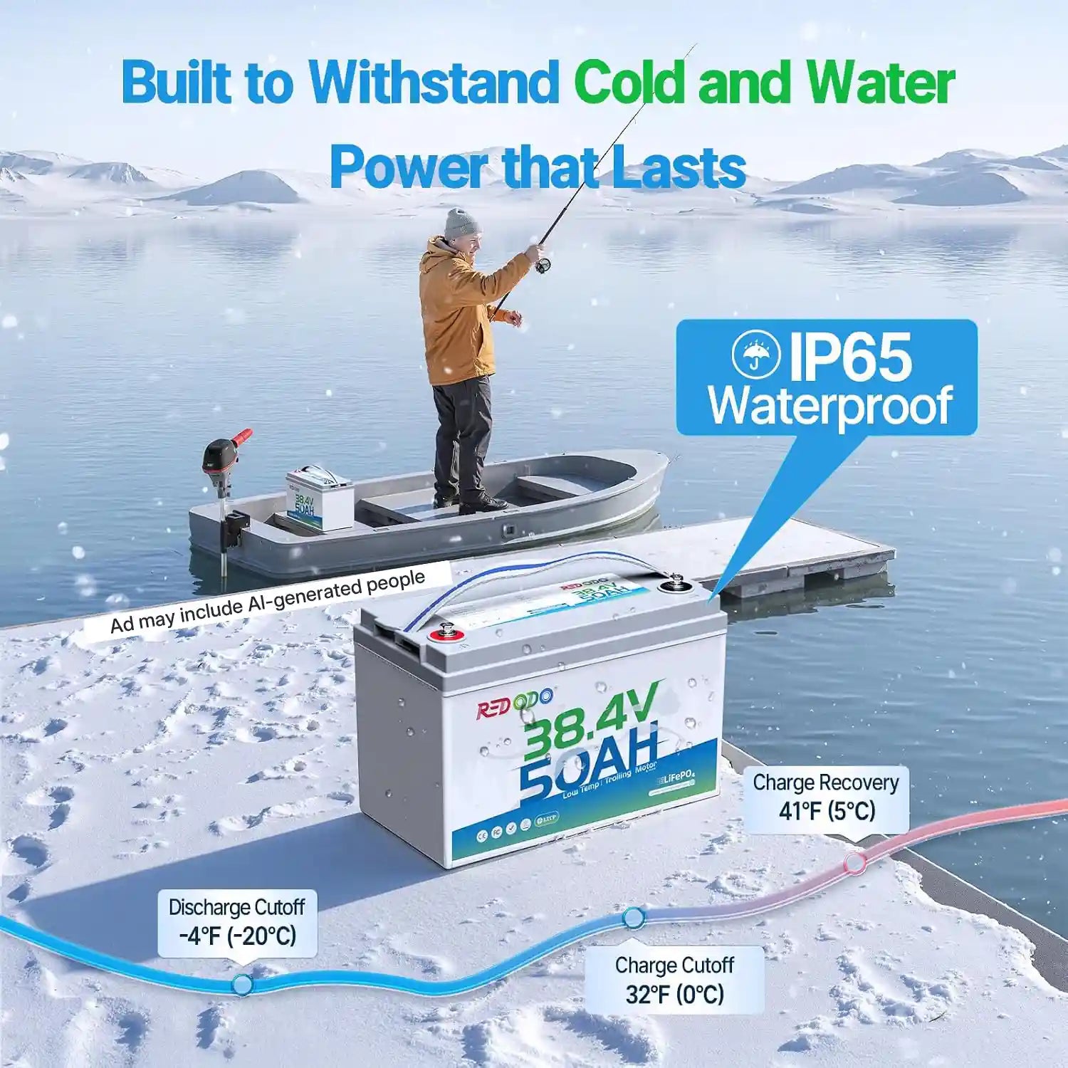 Redodo 36V 50Ah lithium trolling motor battery for cold weather