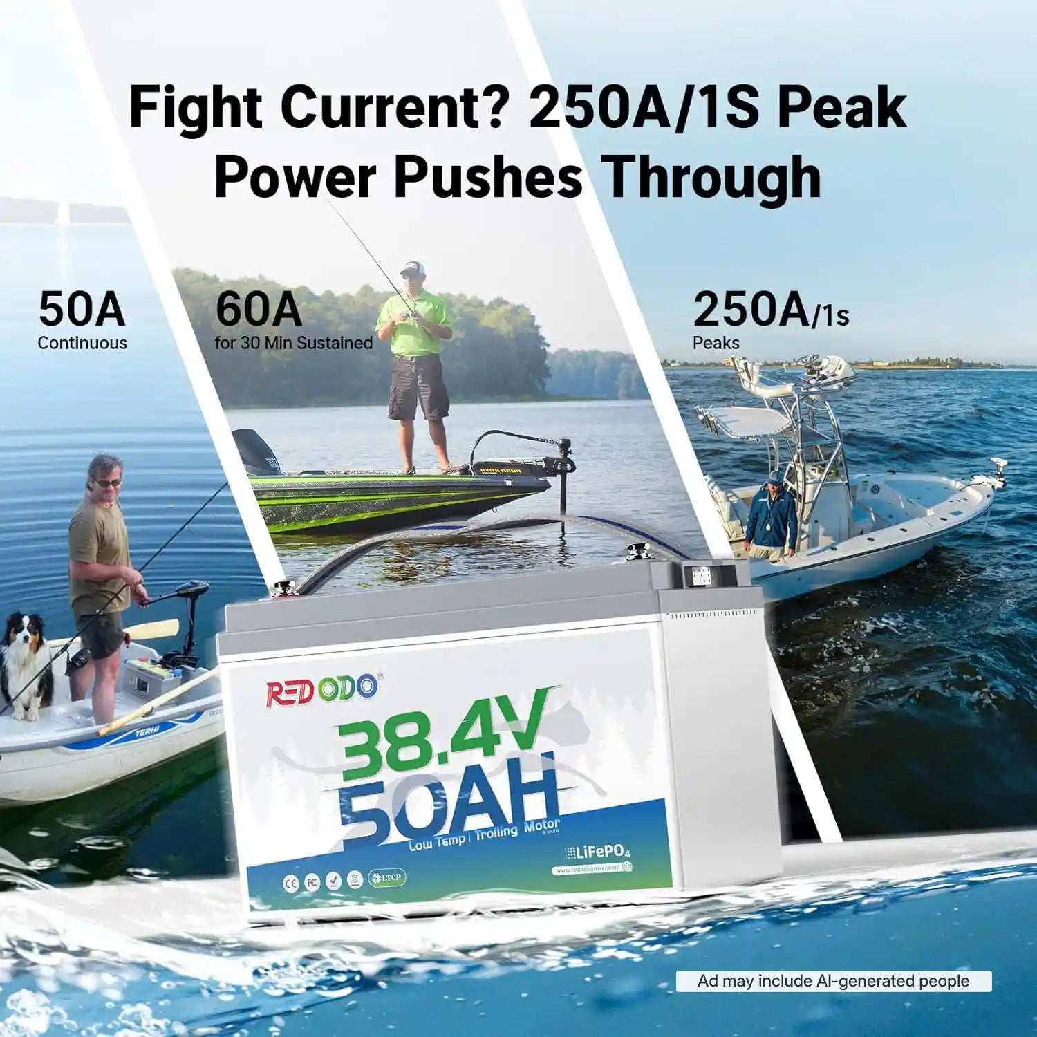 REDODO 38.4V 50AH marine battery 250A/1S Peak Power Pushes Through