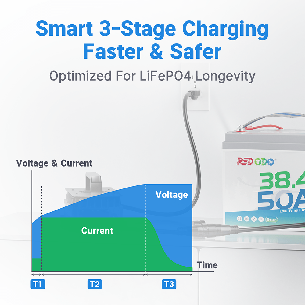 3 charging stage of Redodo 43.8V 25A Lithium Battery Charger