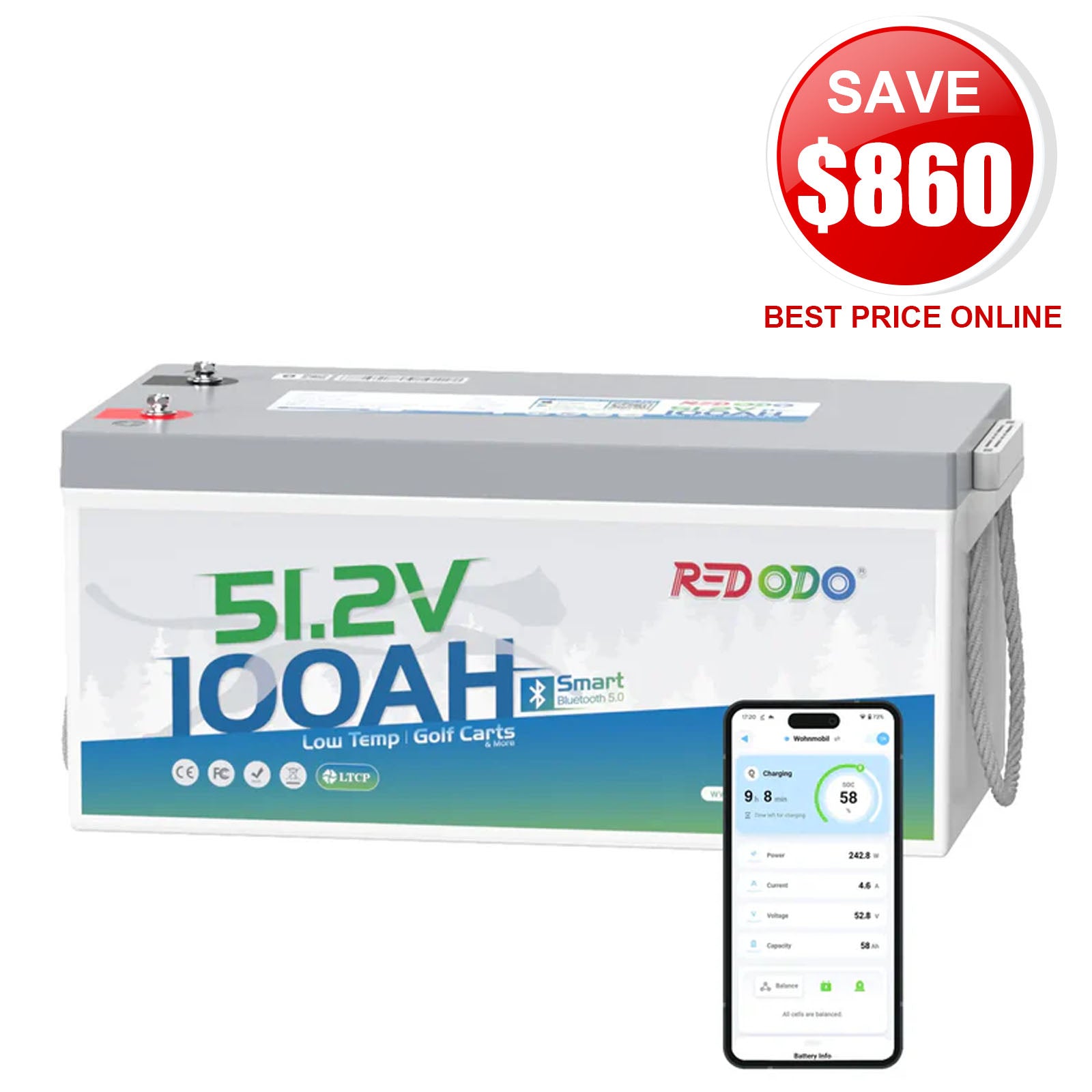 ⚡Redodo 48V(51.2V) 100Ah Lithium Golf Cart Bluetooth Battery