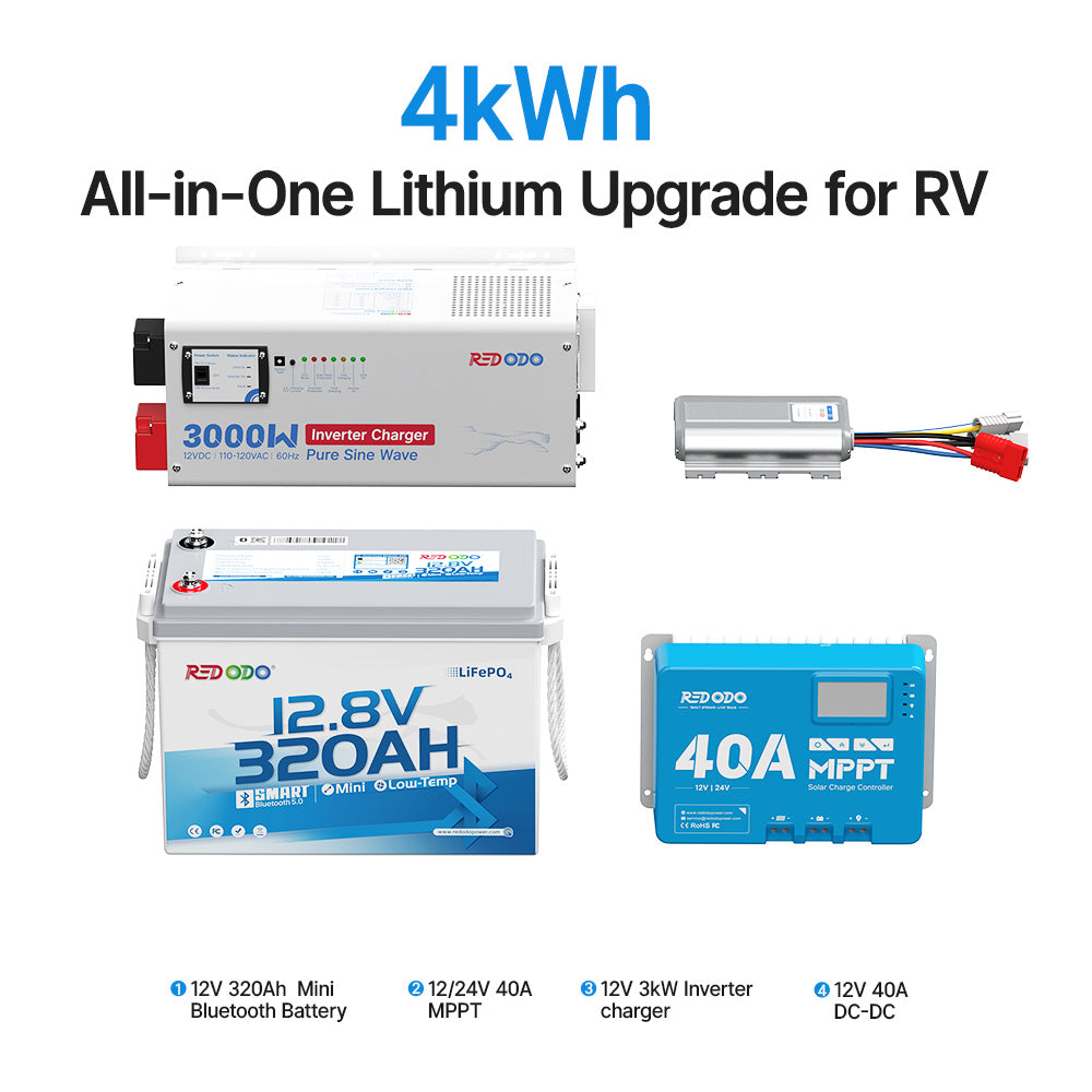 Redodo 12V 320Ah 4kWh RV lithium battery conversion kit with 3000w inverter