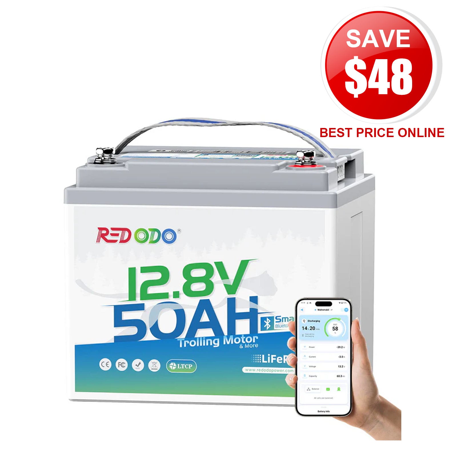 ⚡Redodo 12V 50Ah Bluetooth Battery for Trolling Motors (Up to 70lb Thrust)