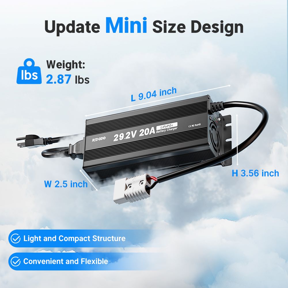 Redodo 24V 20A LiFePO4 battery charger with update mini size design