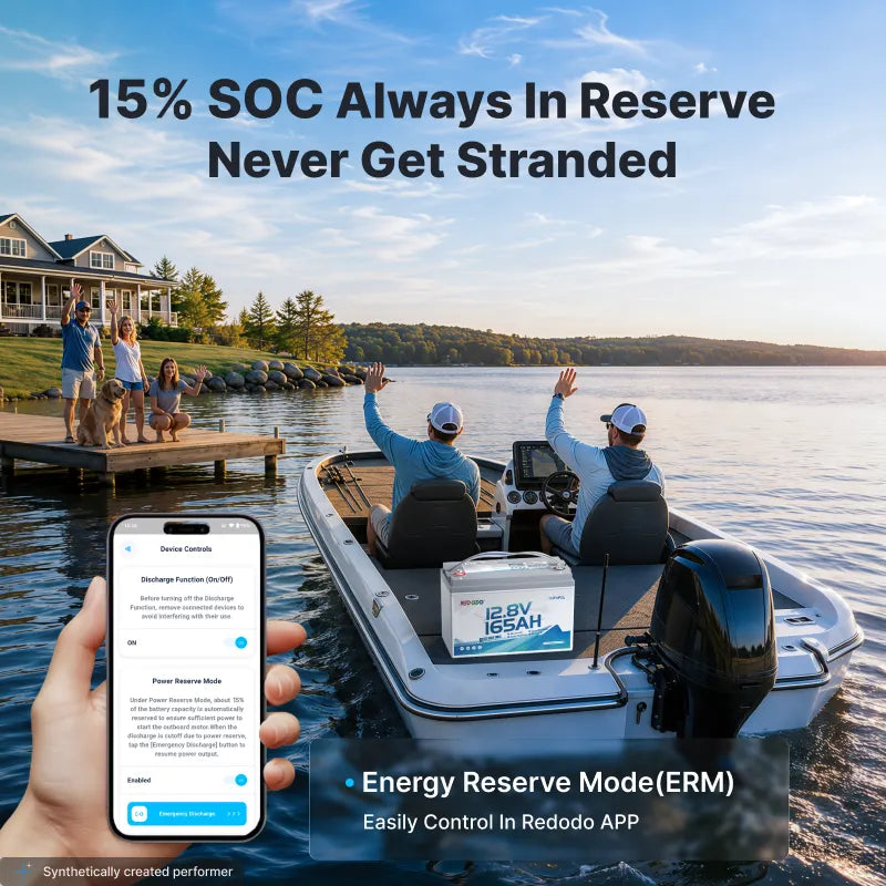 Redodo 12V 165Ah Group 31 Dual-Purpose Marine Battery featured with 15% emergency reserve mode
