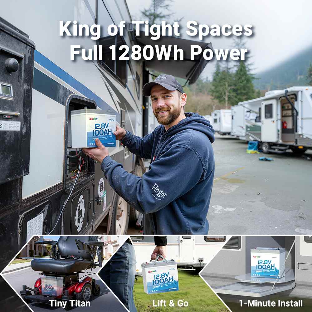 Redodo 12V 100Ah Ultra-Mini LiFePO4 Bluetooth Battery with super compact size in RV