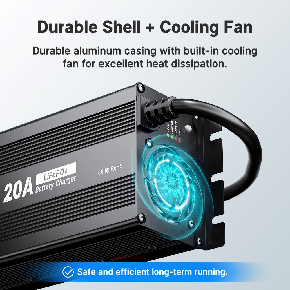 Redodo 24V LiFePO4 battery charger, built-in durable shell and cooling fan