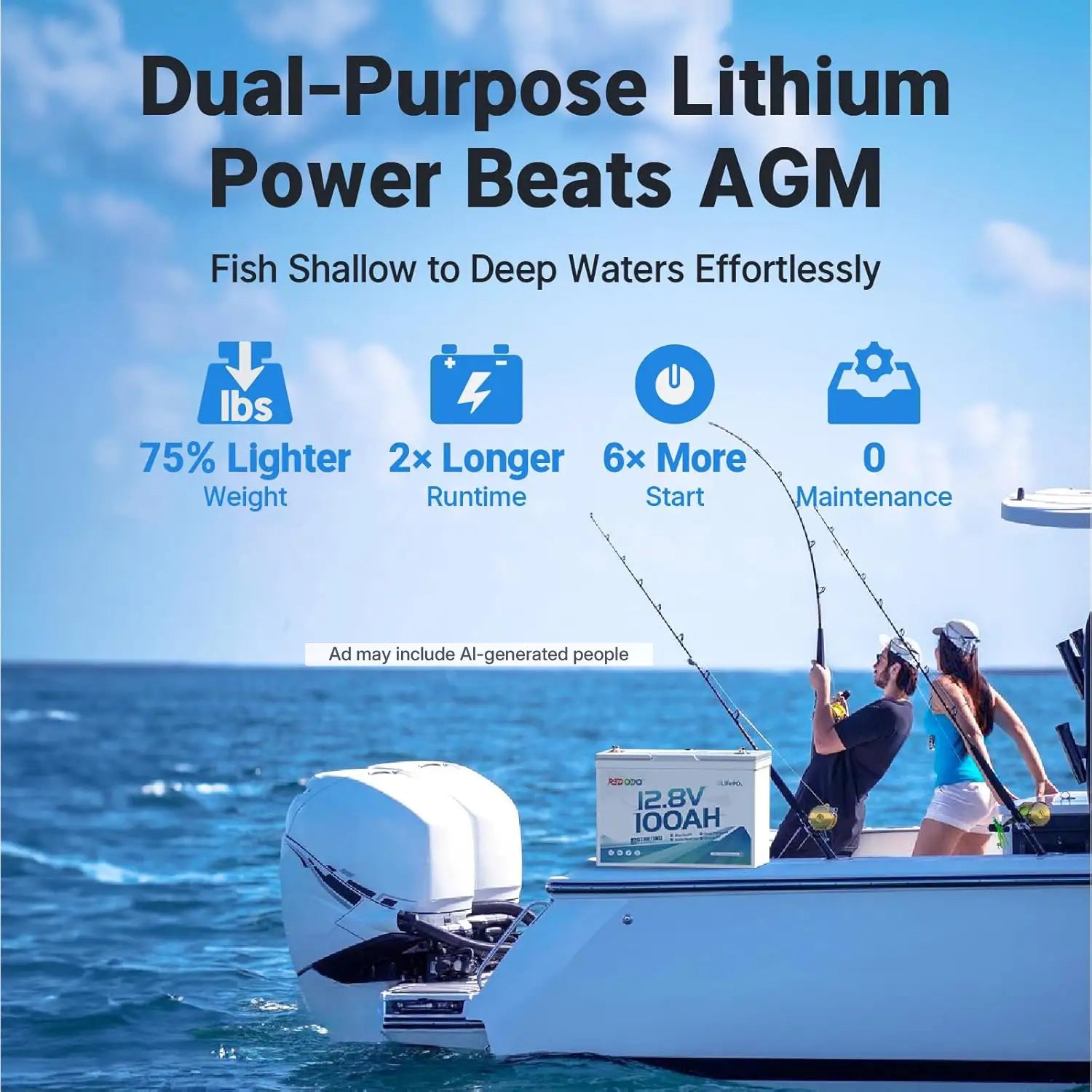 Redodo 12V 100Ah Group 27 marine battery for sea fishing 