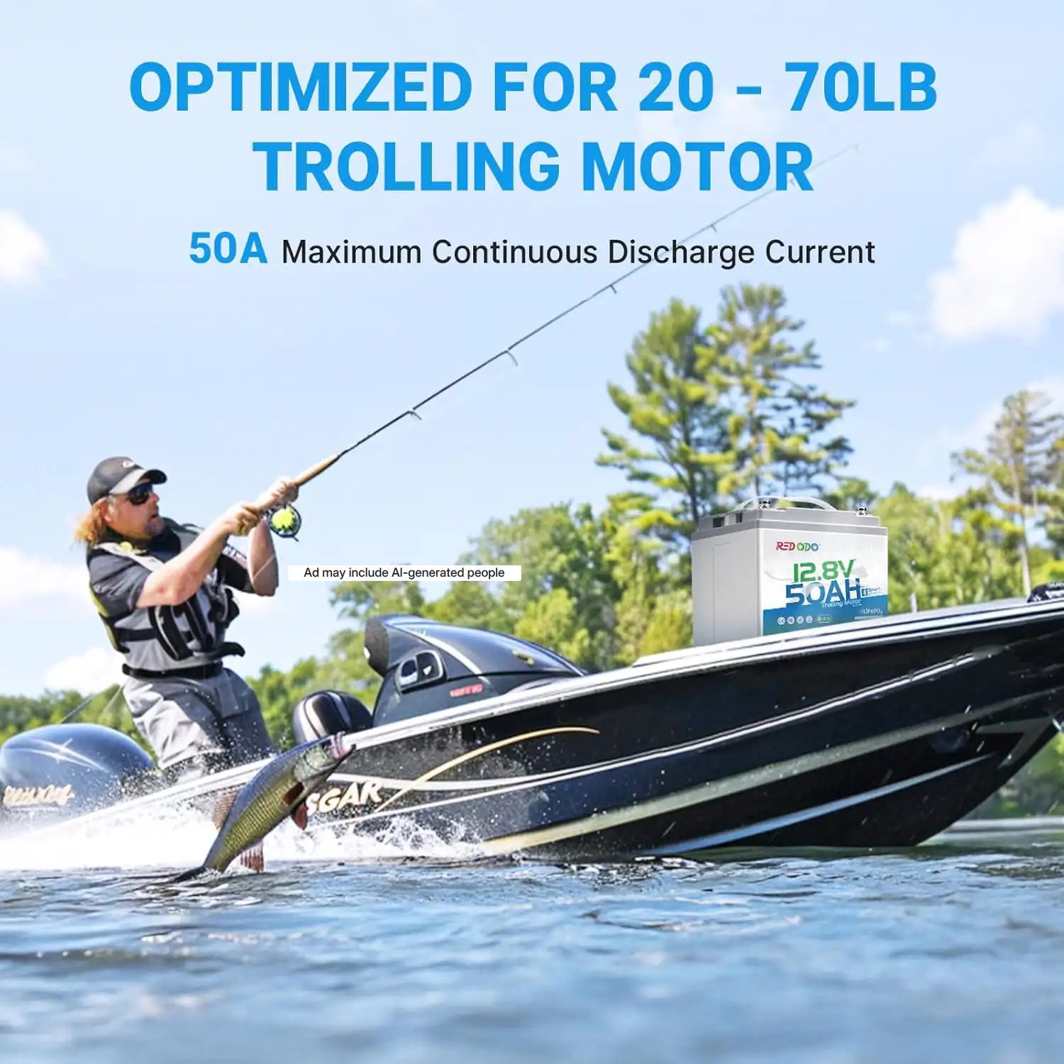 Redodo 12V 50Ah lithium bluetooth battery for 20-70lbs trolling motor