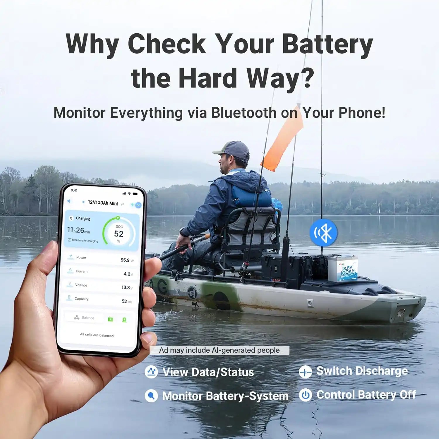 Redodo 12V 100Ah Ultra-Mini Bluetooth lithium Battery for fishing boat & kayak