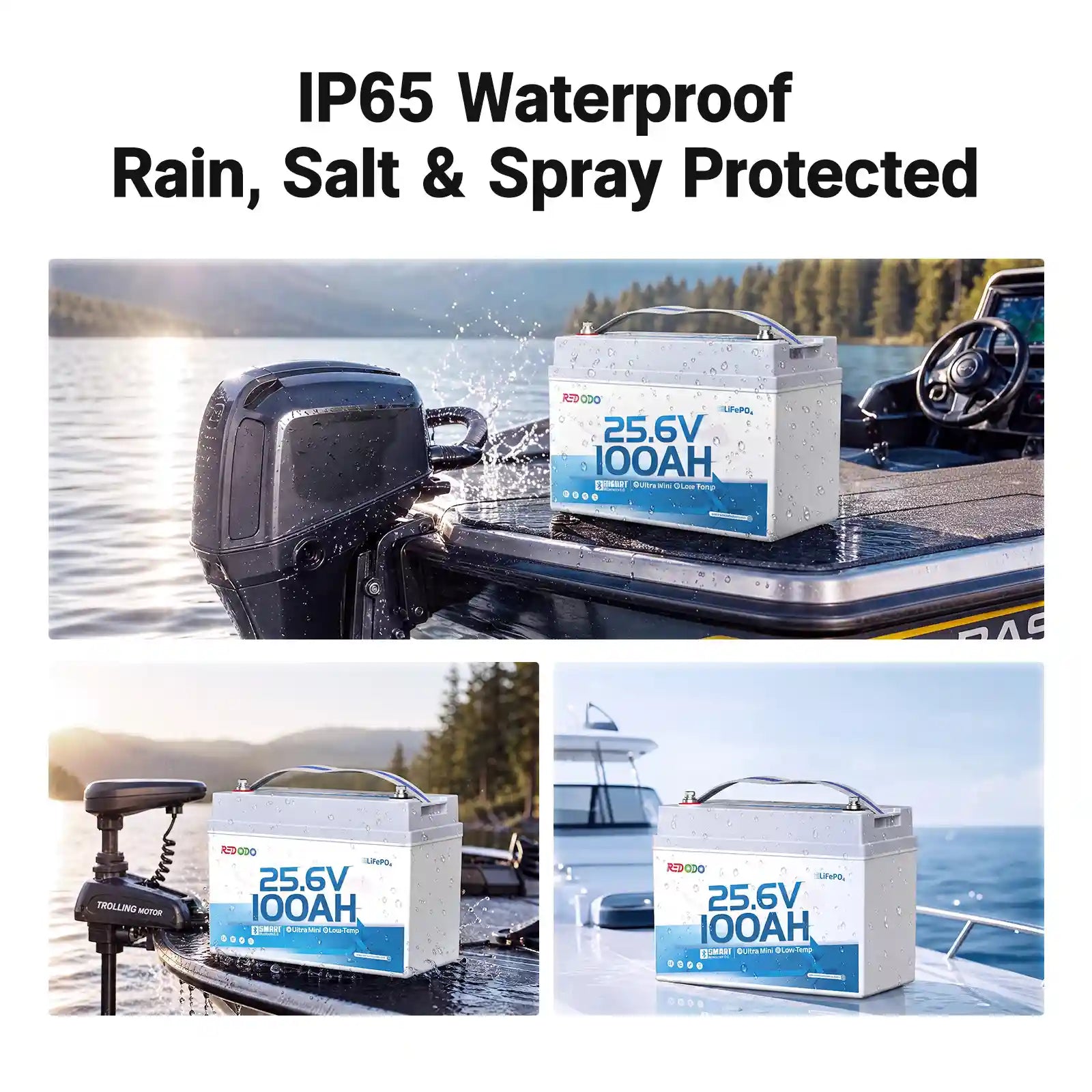 Redodo 24V 100Ah Group 31 lithium battery with IP65 waterproof & salt protected