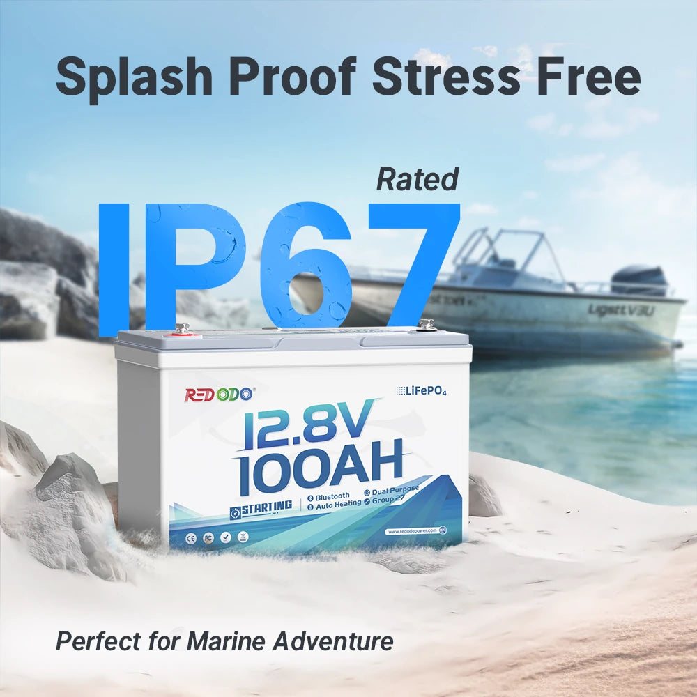 Redodo 12V 100Ah 900 CCA Group 27 Dual Purpose Marine Battery with OTA Bluetooth Auto-Heating