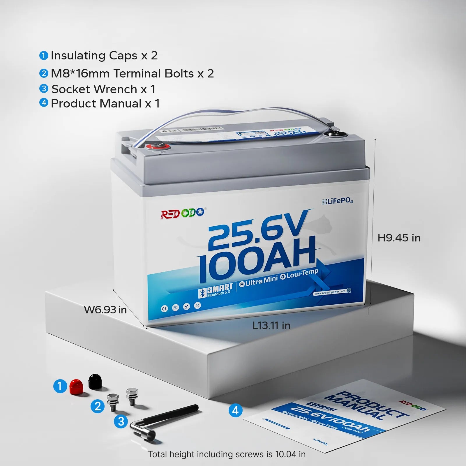 Redodo 24V 100Ah Group 31 lithium Bluetooth battery product box