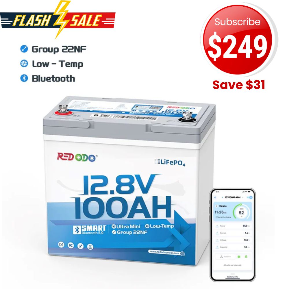 🔥【Sale-$249 After Subscribe】Redodo 12V 100Ah Ultra-Mini Lithium LiFePO4 Battery | Smallest Bluetooth Battery | For RV, Trolling Motor, Solar