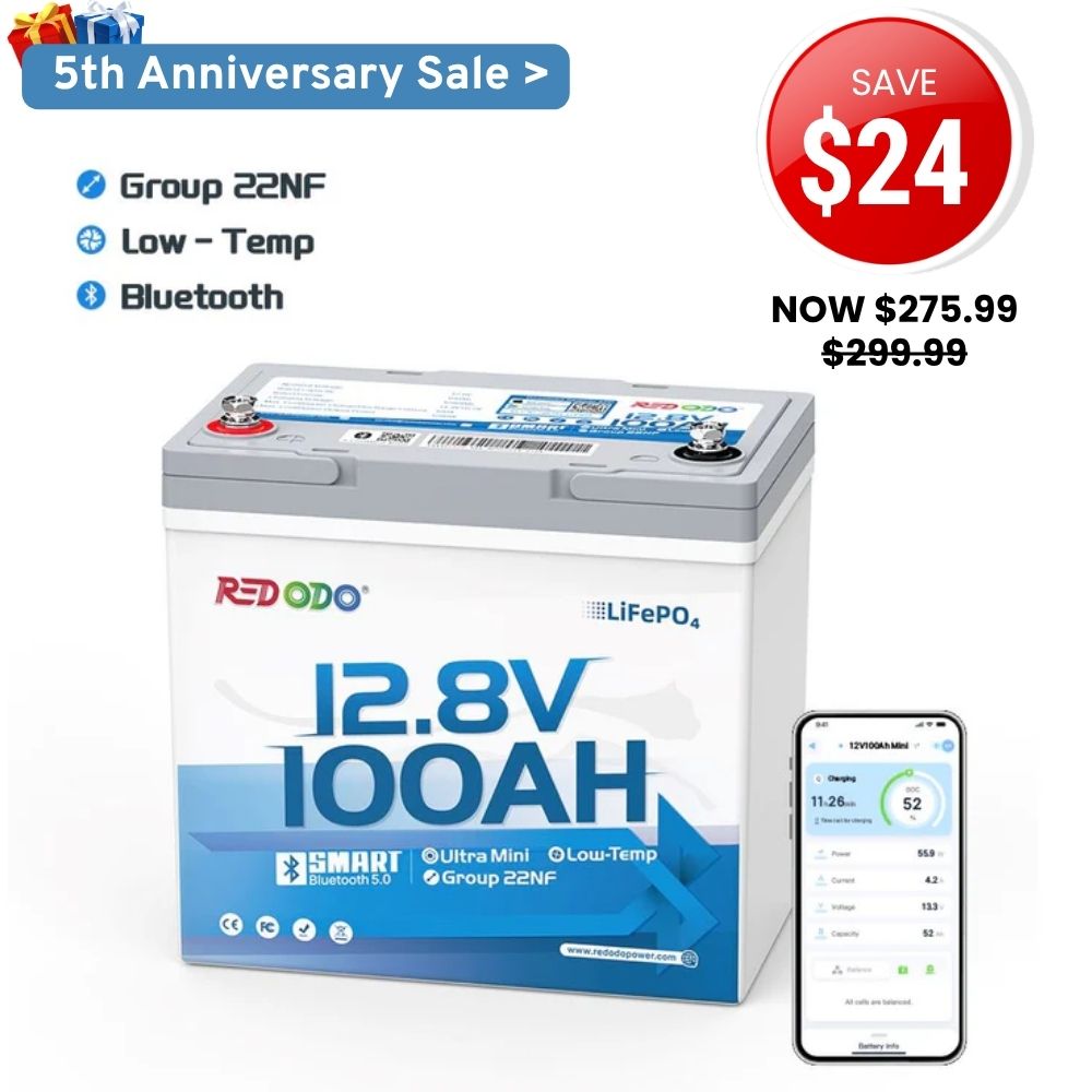 ⚡ 【FLASH DEAL】Redodo 12V 100Ah Ultra-Mini Lithium LiFePO4 Battery | Smallest Bluetooth Battery | For RV, Trolling Motor, Solar