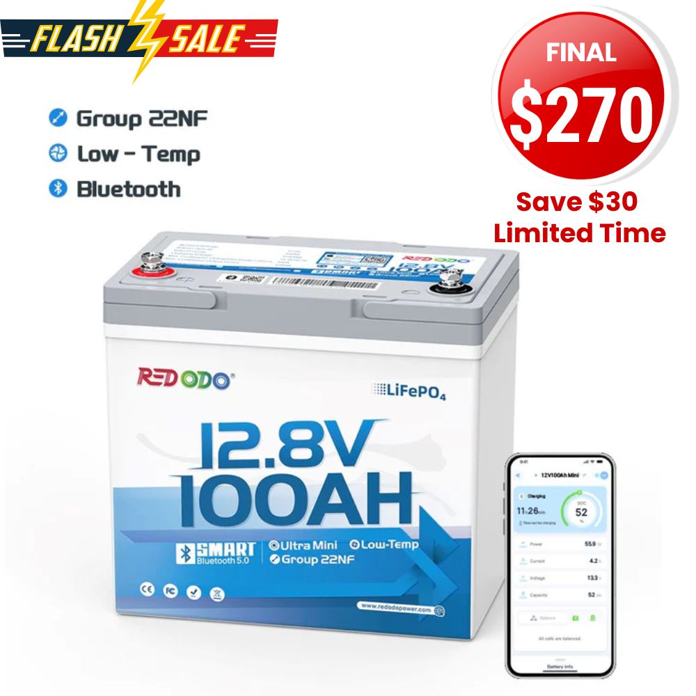 ⚡【Flash Sale】Redodo 12V 100Ah Ultra-Mini Lithium LiFePO4 Battery | Smallest Bluetooth Battery | For RV, Trolling Motor, Solar