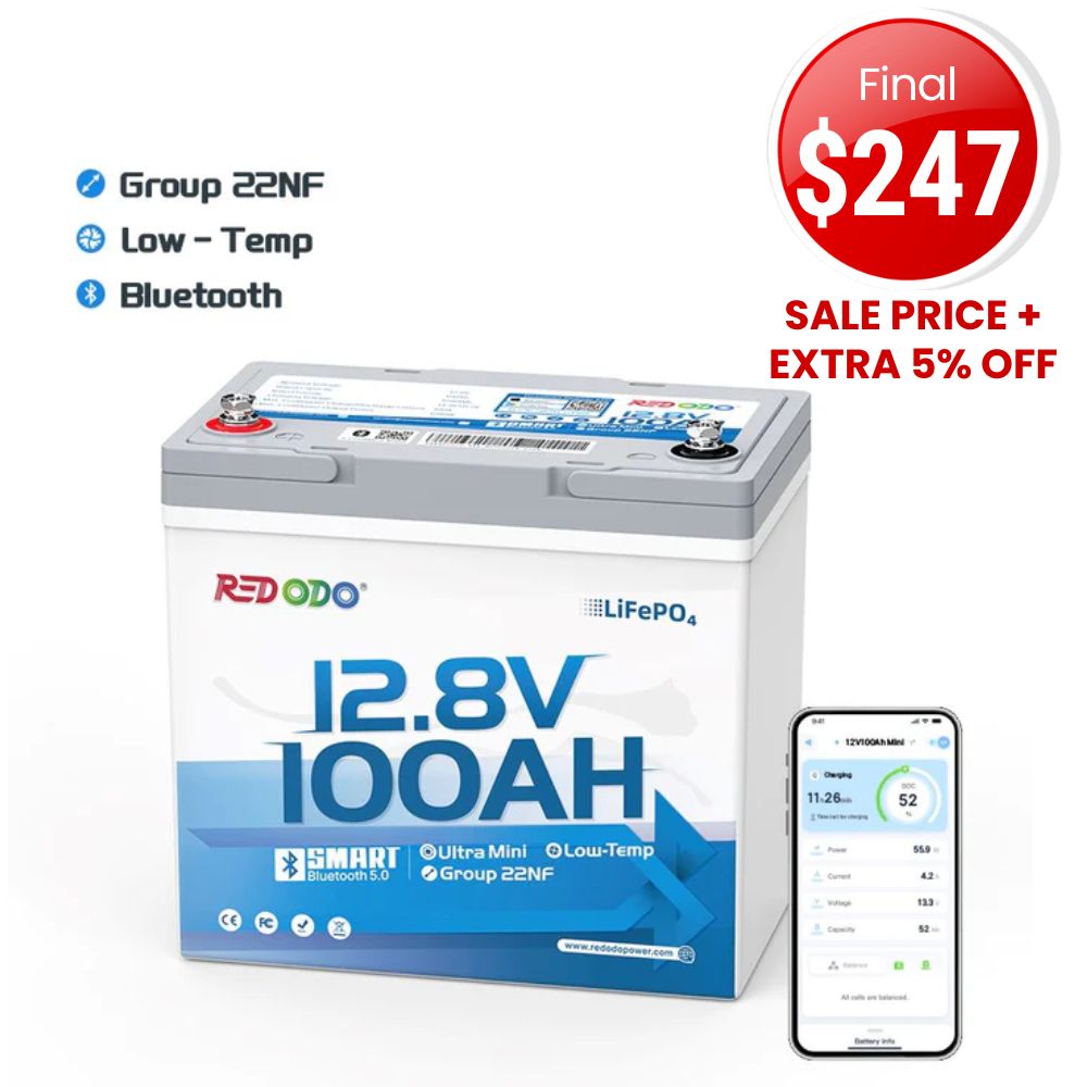 🔥【Final $247】Redodo 12V 100Ah Ultra-Mini Lithium LiFePO4 Battery | Smallest Bluetooth Battery | For RV, Trolling Motor, Solar