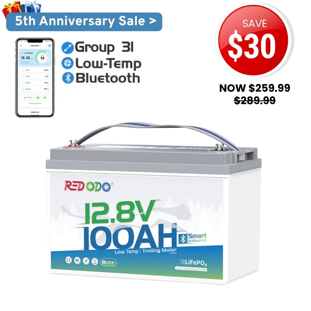 ⚡【FLASH DEAL】Redodo 12V 100Ah Group 31 Bluetooth Lithium Battery | Real-Time Battery Monitoring | For RV, Marine, Solar