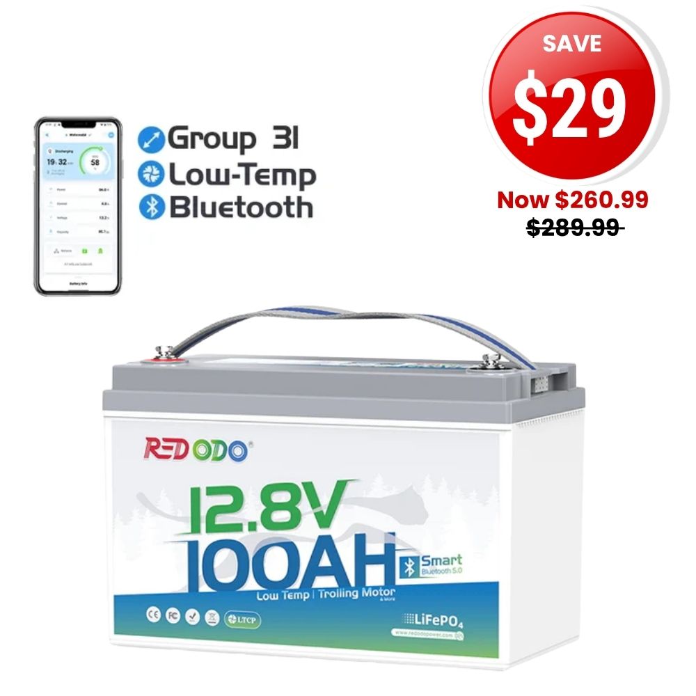 🔥【SAVE $29】Redodo 12V 100Ah Group 31 Bluetooth Lithium Battery | Real-Time Battery Monitoring | For RV, Marine, Solar