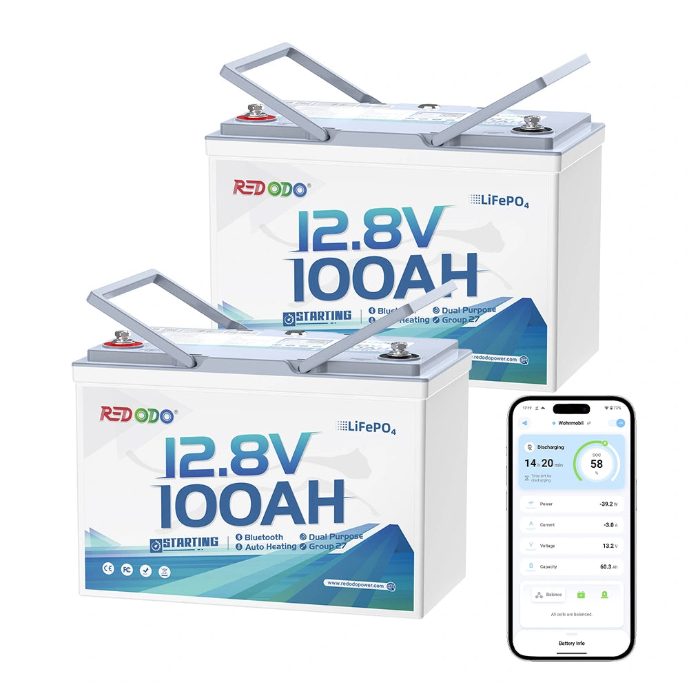 Redodo 12V 100Ah 900 CCA Group 27 Dual Purpose Marine Battery with OTA Bluetooth Auto-Heating