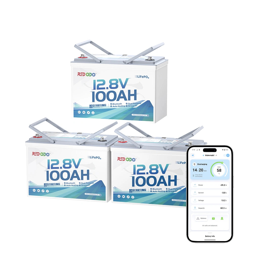 Redodo 12V 100Ah 900 CCA Group 27 Dual Purpose Marine Battery with OTA Bluetooth Auto-Heating