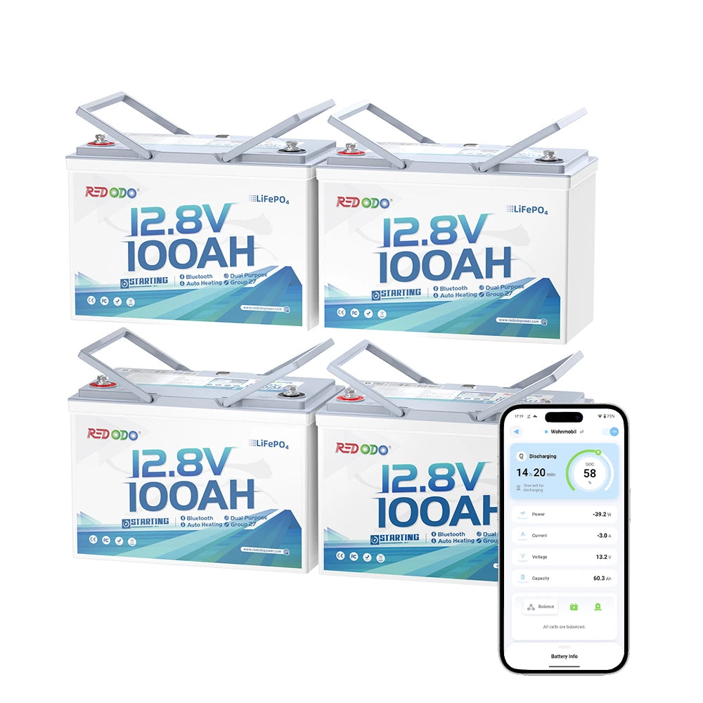 Redodo 12V 100Ah 900 CCA Group 27 Dual Purpose Marine Battery with OTA Bluetooth Auto-Heating