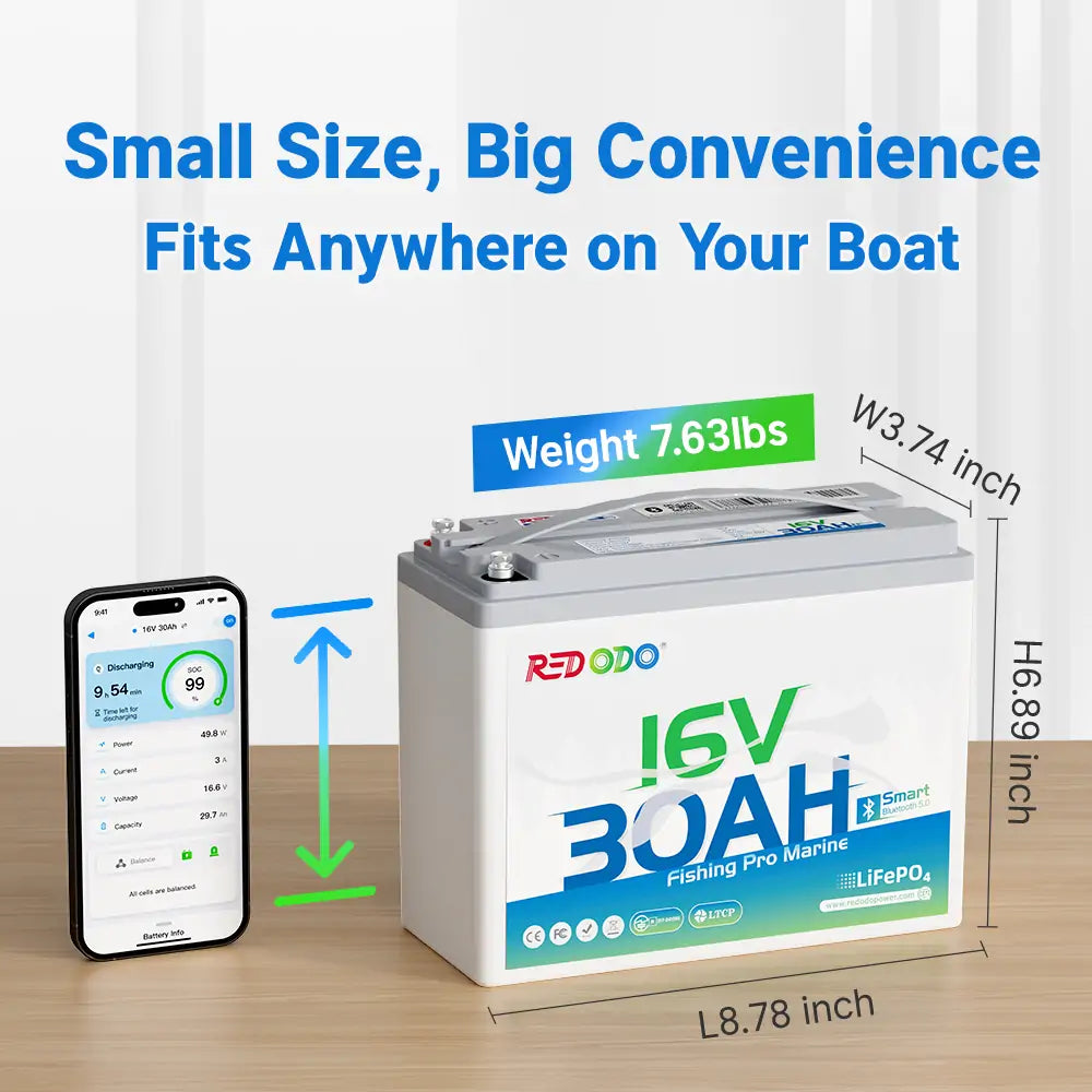 the dimensions of Redodo 16V 30Ah lithium marine battery