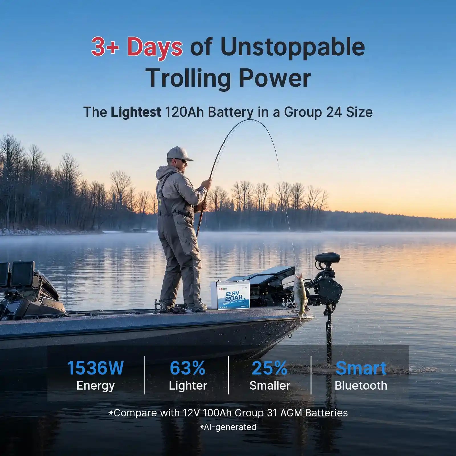 【Pre-Order】Redodo 12V 120Ah Group 24 Trolling Motor Bluetooth Lithium Battery | For 3+ Days Fishing