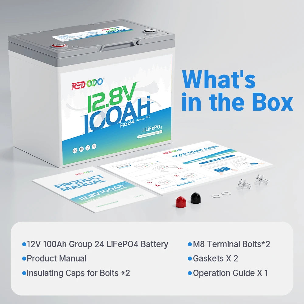 Redodo 12V 100Ah Group 24 LiFePO4 battery product box