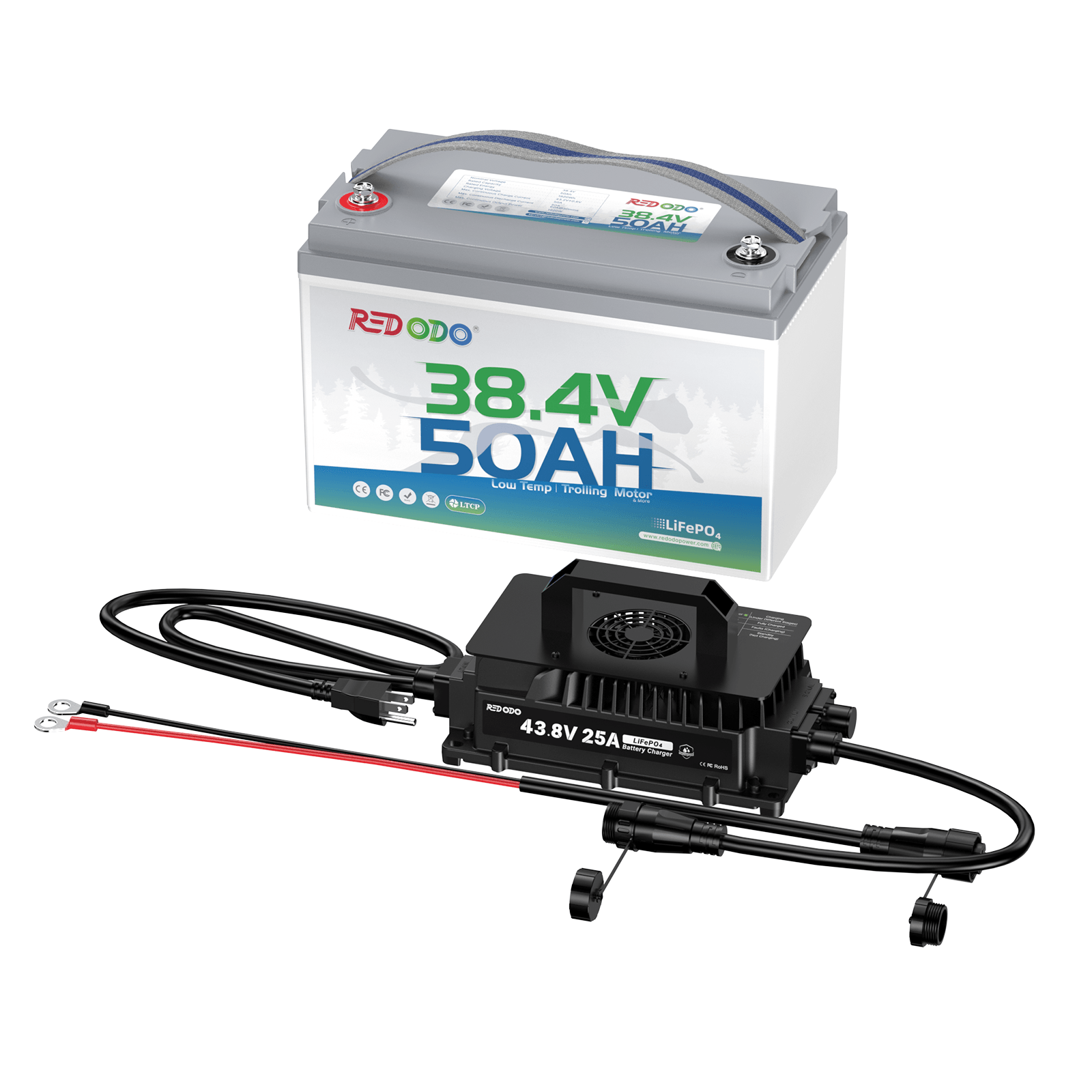 Redodo 36V 50Ah lithium trolling motor battery with 43.8V 25A lithium battery charger