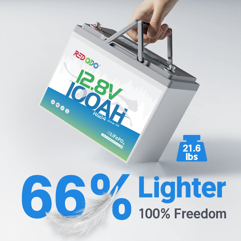 Redodo 12V 100Ah Group 24 deep cycle battery 66% lighter than lead-acid