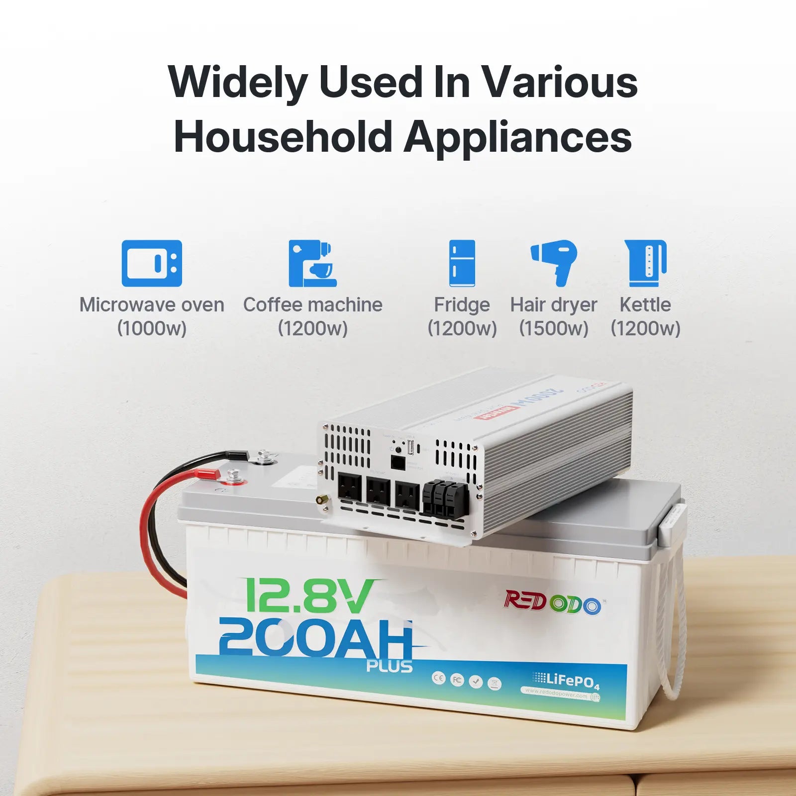 Redodo 2000 watt power inverter with 200Ah lithium battery, perfect for multiple appliances