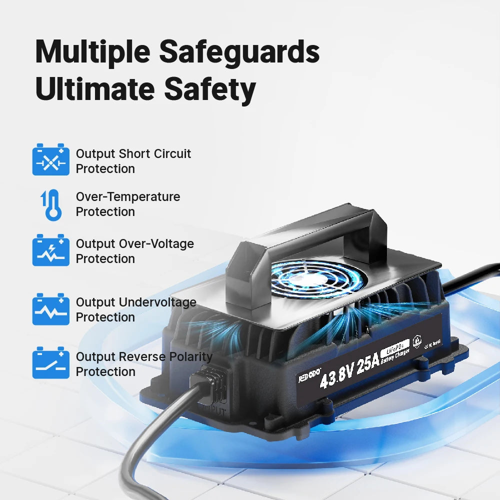 multiple safety protection of Redodo 43.8V 25A Lithium Battery Charger for 36V LiFePO4 Battery
