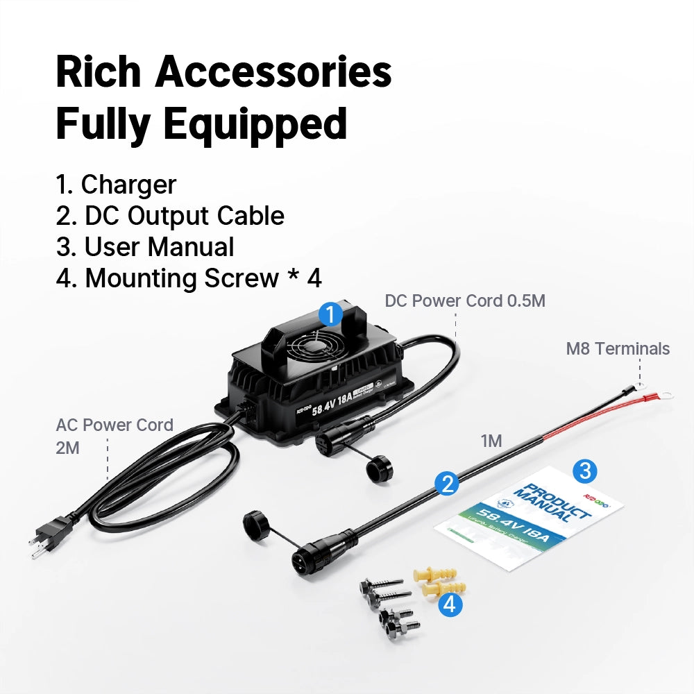 Redodo 58.4V 18A LiFePO4 Battery Charger for 48V Lithium golf cart battery