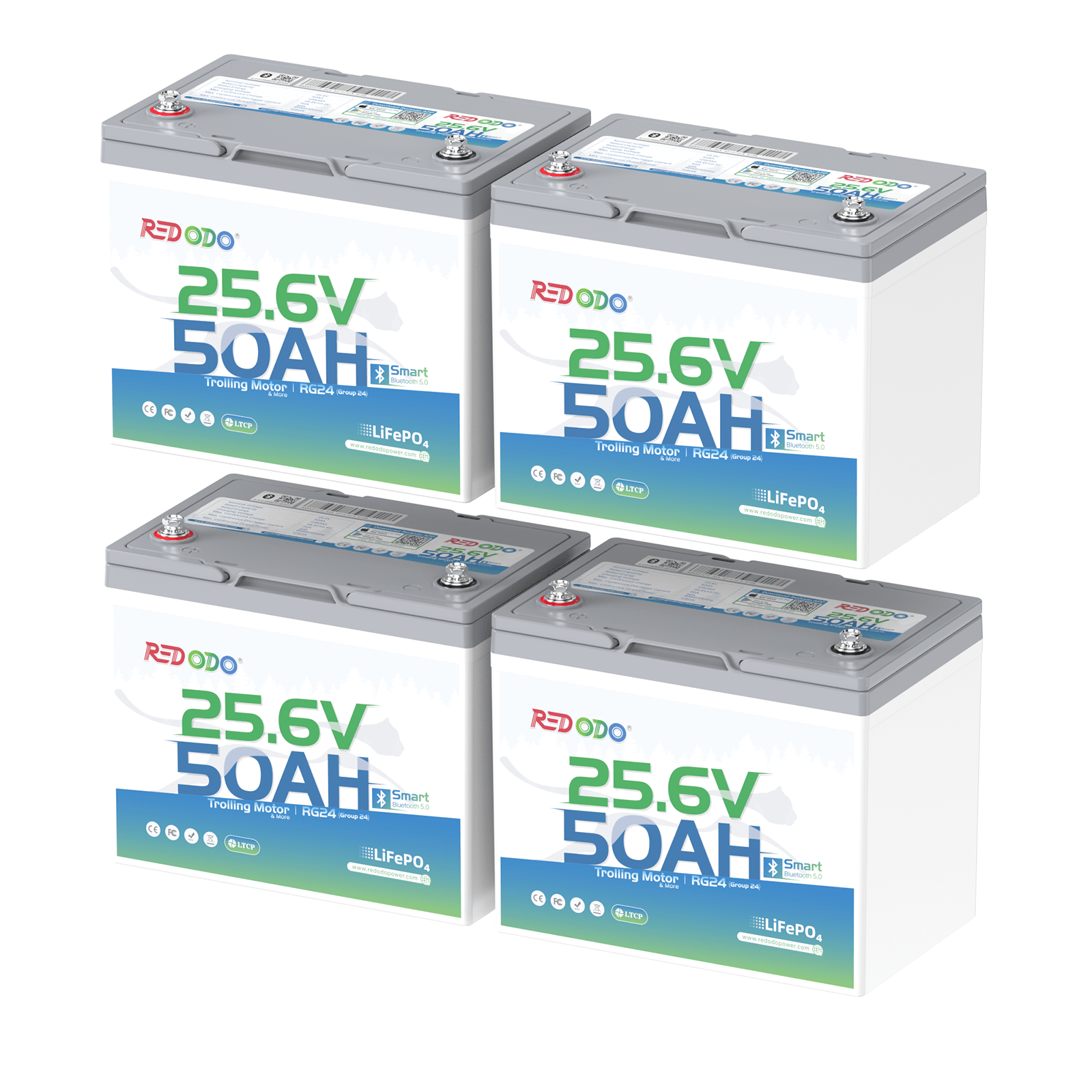 4 pack of Redodo 24V 50Ah lithium battery for trolling motor with Bluetooth