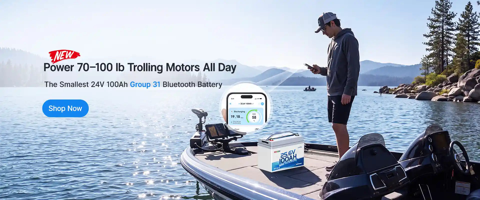 Power 70-100 lb Trolling Motors All Day  Redodo Group 31 24V 100Ah Bluetooth Battery-pc