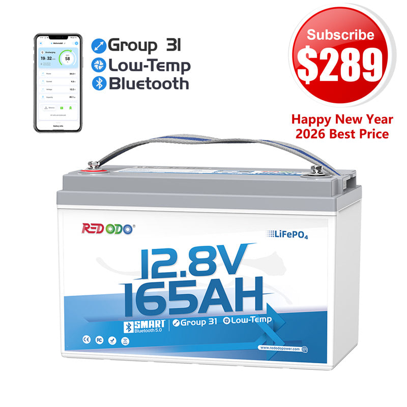 🔥【$289 After Subscribe】Redodo 12V 165Ah Group 31 Bluetooth Lithium Battery | For RV, Marine, Solar Home