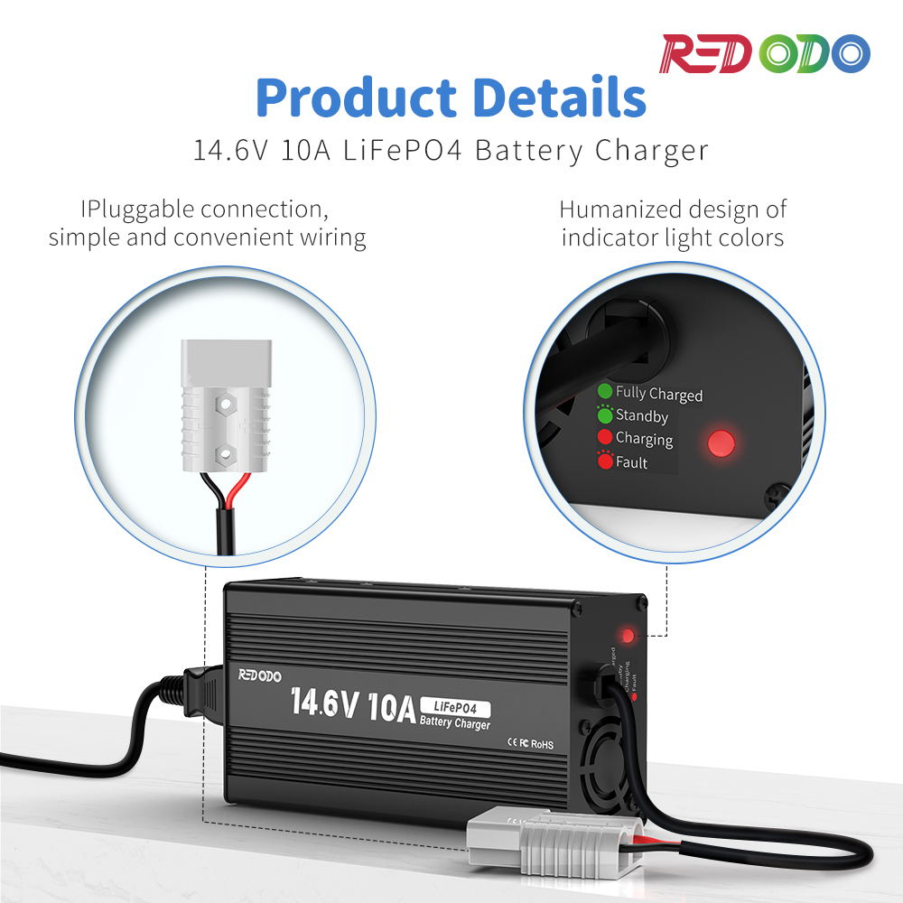 product details of Redodo 14.6V 10A LiFePO4 Battery Charger