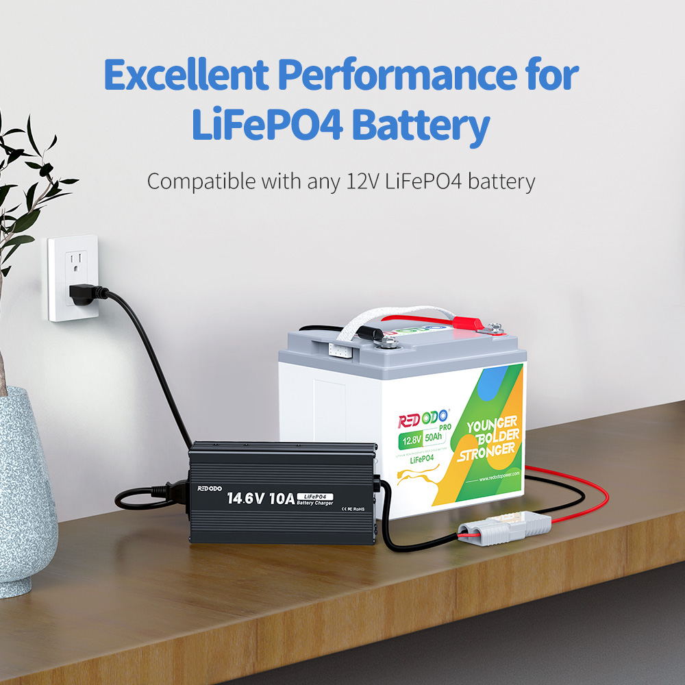 Redodo 14.6V 10A LiFePO4 Battery Charger compatible with any 12V LiFePO4 battery
