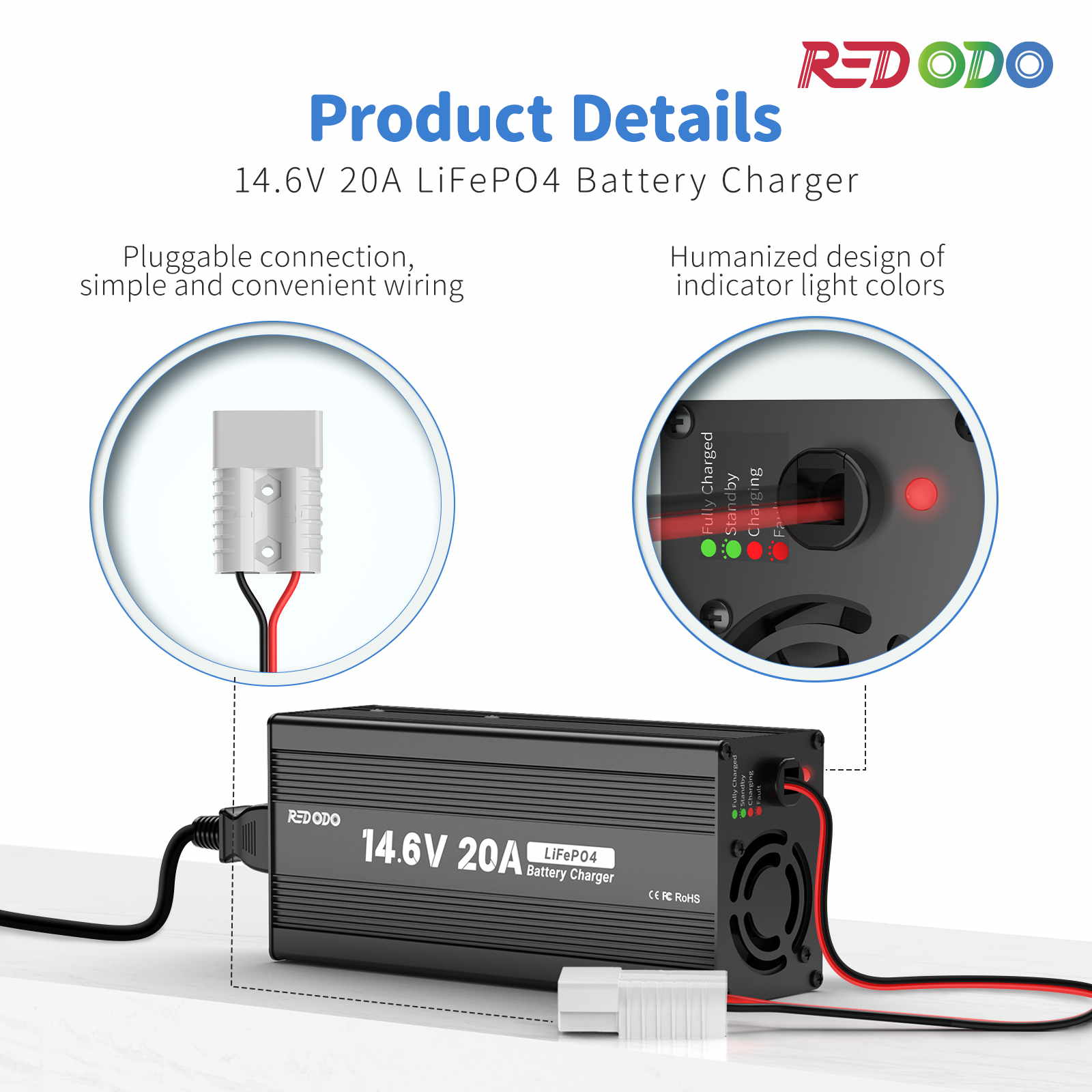 product details of Redodo 14.6V 20A Lifepo4 battery charger