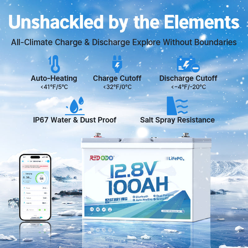 【Like New】Redodo 12V 100Ah 900 CCA Group 27 Dual Purpose Marine Battery with OTA Bluetooth Auto-Heating