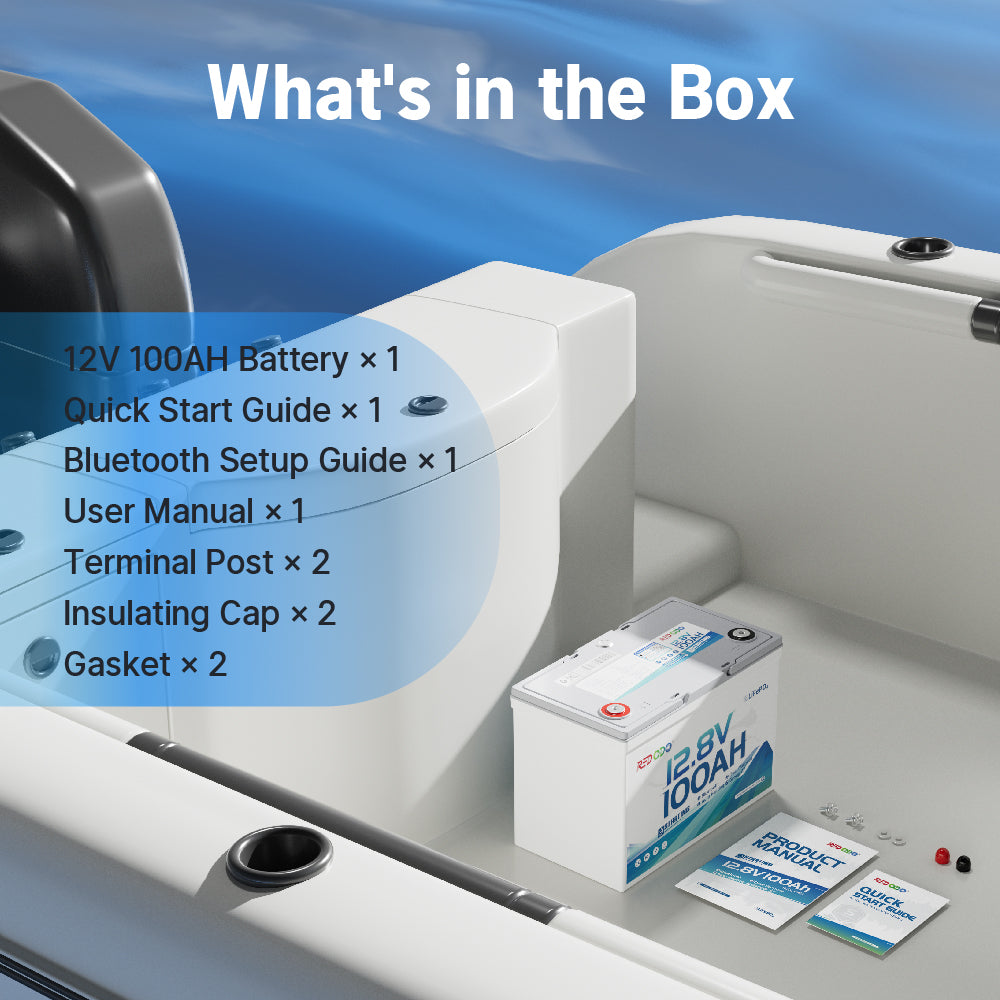 Redodo 12V 100Ah Group 27 dual purpose marine battery product box
