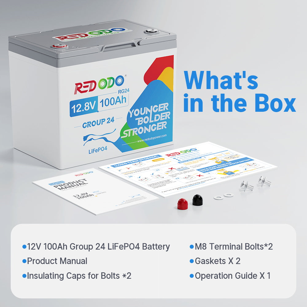 Redodo 12V 100Ah Group 24 LiFePO4 battery product box