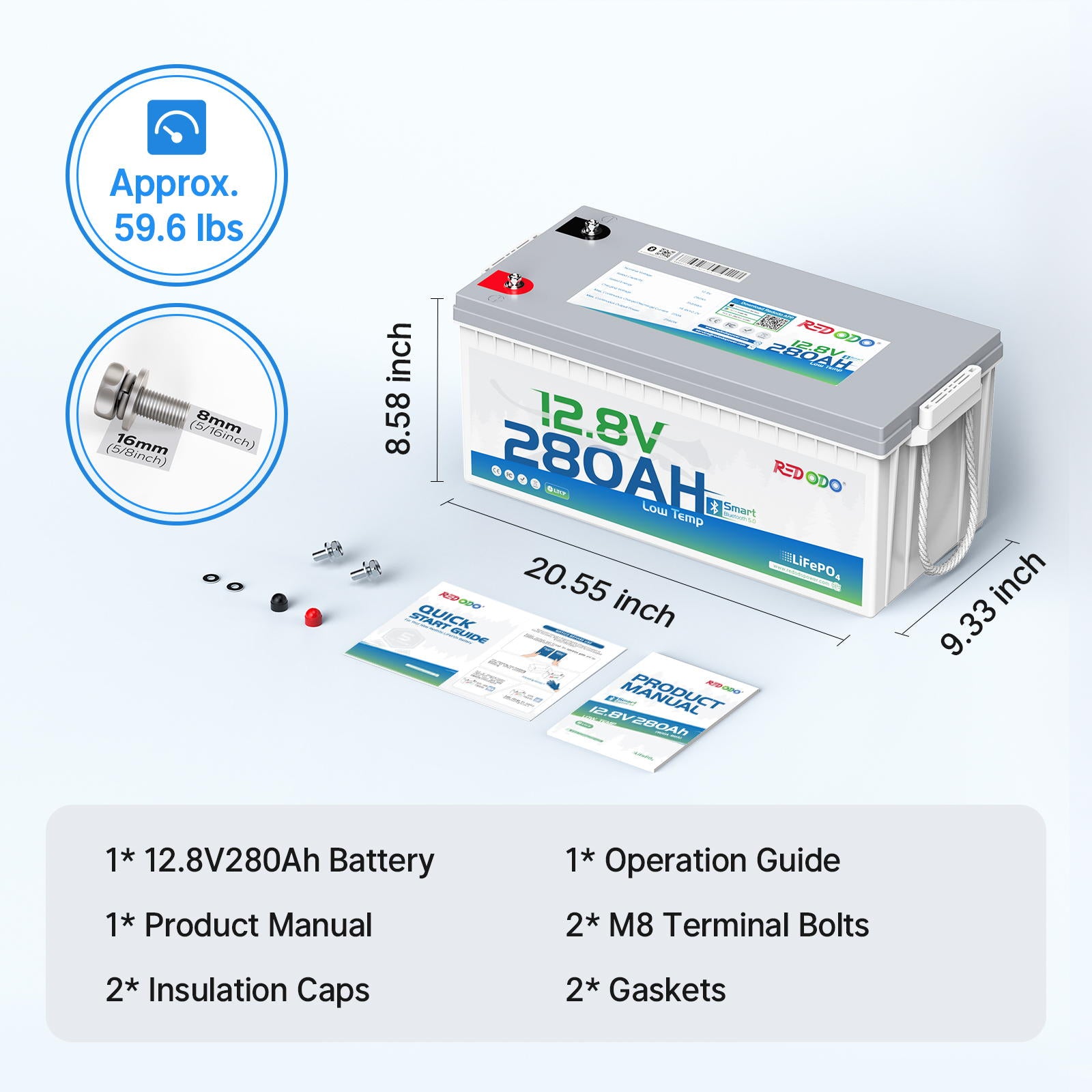 Redodo 12V 280Ah LiFePO4 Bluetooth battery backage