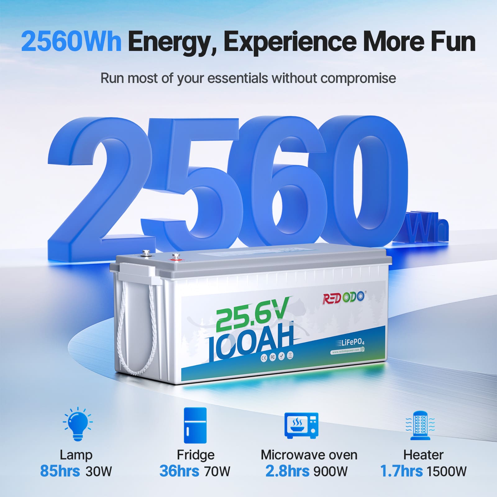 24V 100Ah LiFePO4 battery 2560Wh energy