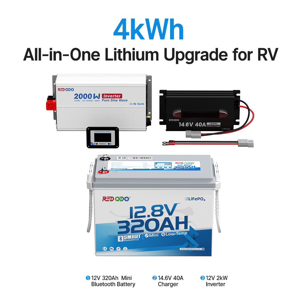 Redodo 12V 320Ah 4kWh RV lithium battery conversion kit with 2000w inverter