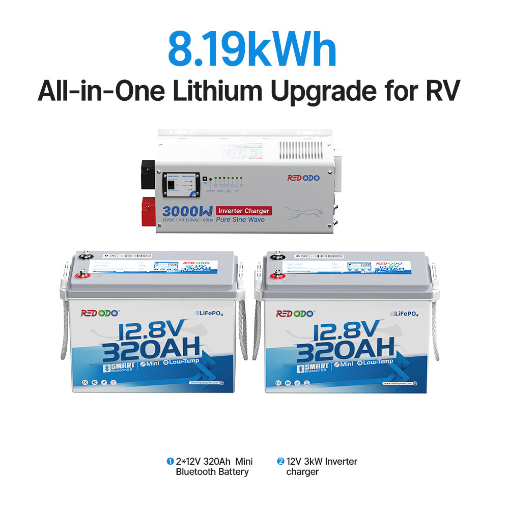 2 pack of Redodo 12V 320Ah RV lithium battery conversion kit with 3000w inverter