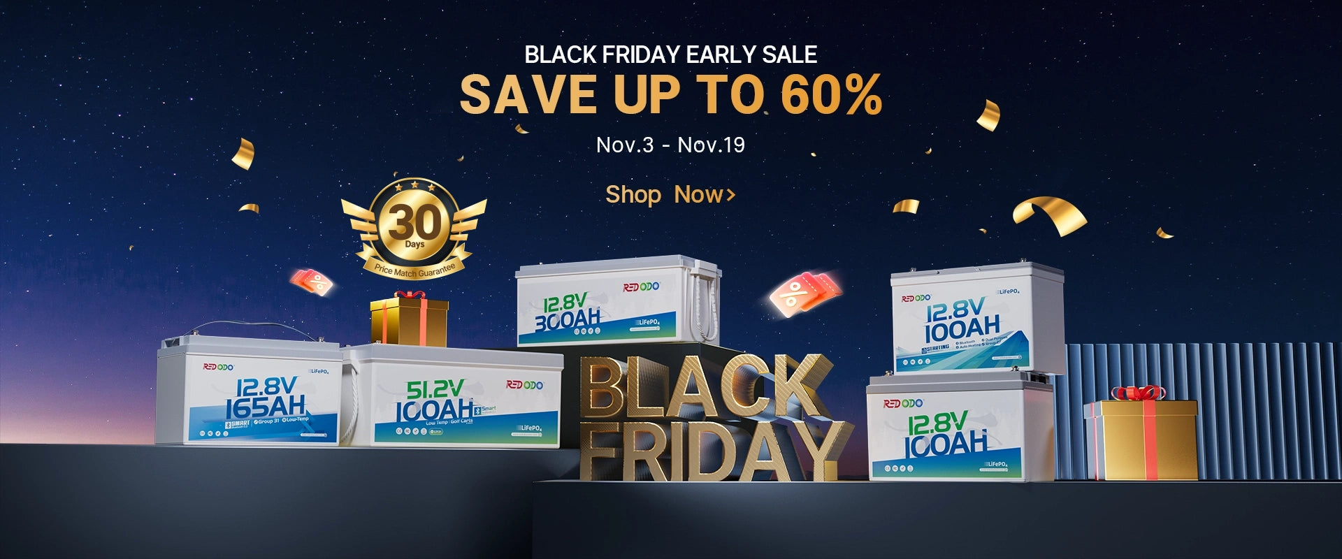 Redodo Black Friday lithium battery early sale 2025, with gifts and high discounts