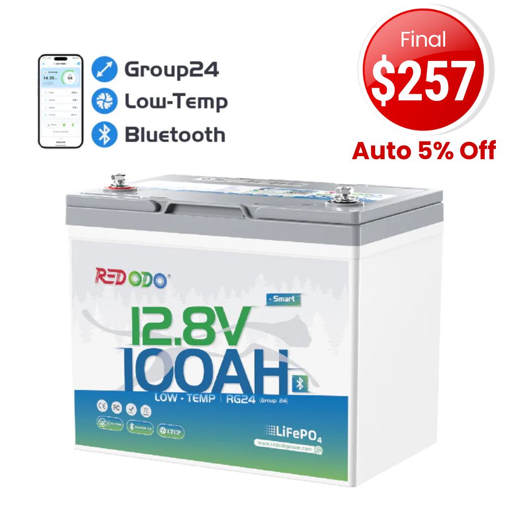 🔥【Final $257】Redodo 12V 100Ah Group 24 Bluetooth LiFePO4 Battery | Real-Time Battery Monitoring | For RV, Marine, Solar