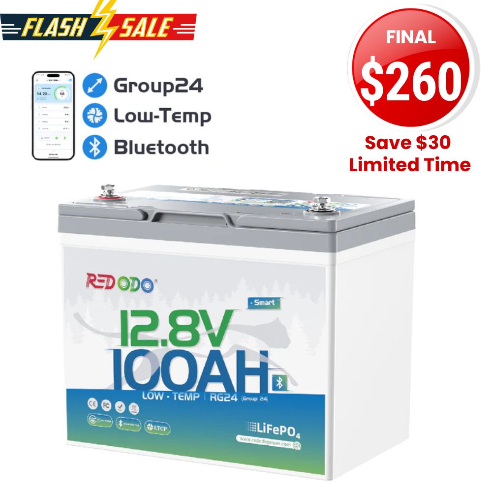 ⚡【Flash Sale】Redodo 12V 100Ah Group 24 Bluetooth LiFePO4 Battery | Real-Time Battery Monitoring | For RV, Marine, Solar